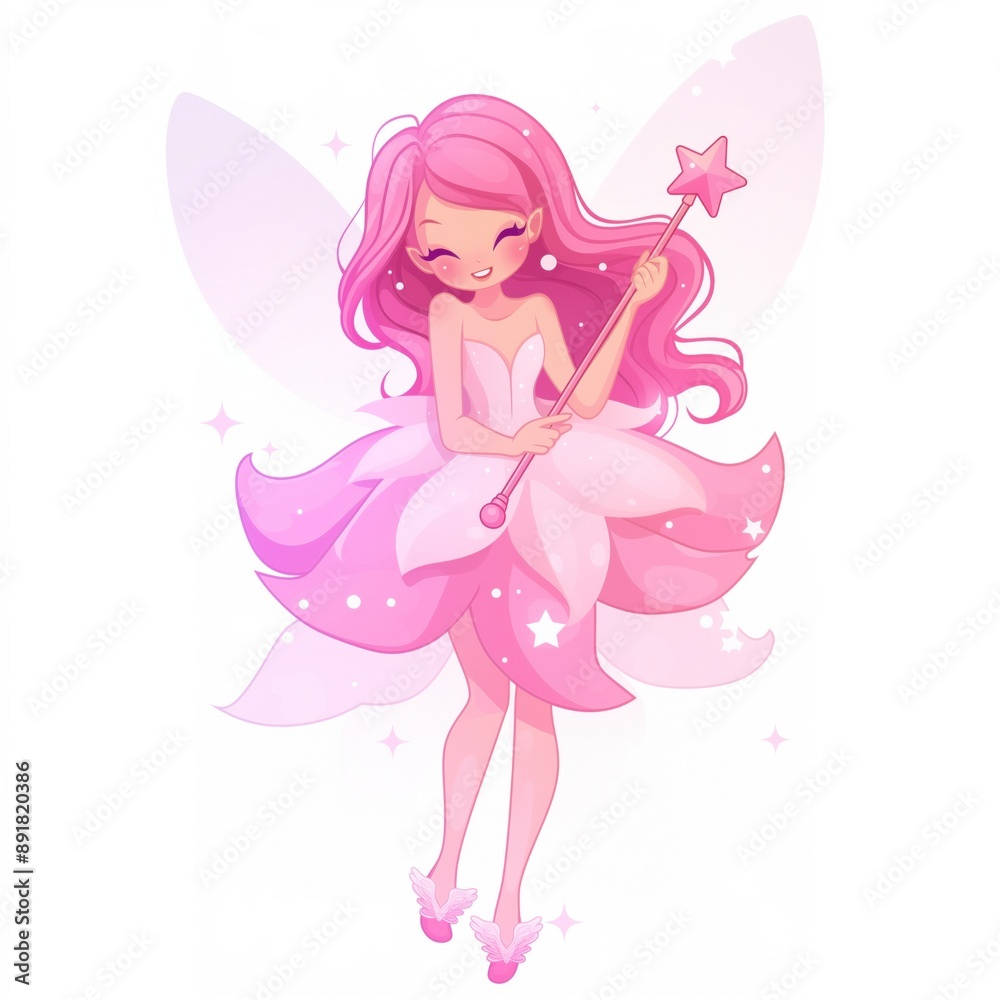 Cute pink fairy with magic wand and wings, smiling and floating in the air Cute pink fairy with magic wand and wings, smiling and floating in the air