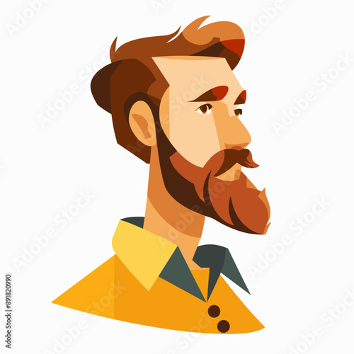 A man with a beard and a yellow shirt. He has a serious look on his face