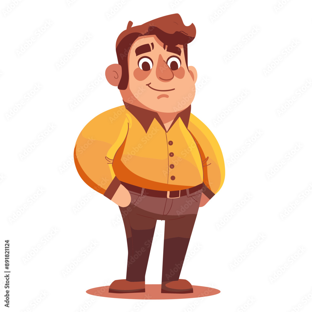A man in a yellow shirt is standing with his hands on his hips. He has a serious expression on his face A man in a yellow shirt is standing with his hands on his hips. He has a serious expression on his face