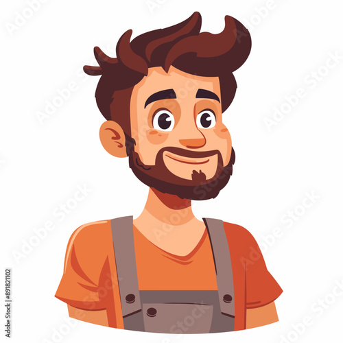 A man with a beard and a smile on his face. He is wearing an orange shirt and a pair of suspenders
