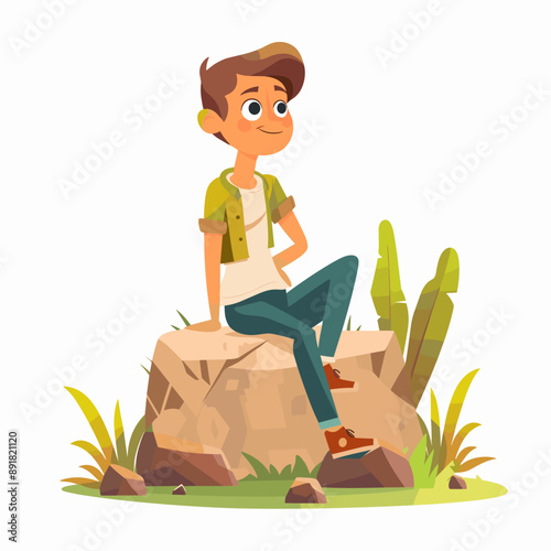A young man is sitting on a rock in a grassy area. He is wearing a green shirt and blue jeans