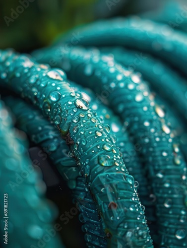 Polyethylene garden hose coiled neatly, showcasing its versatility and practicality in gardening tasks. photo