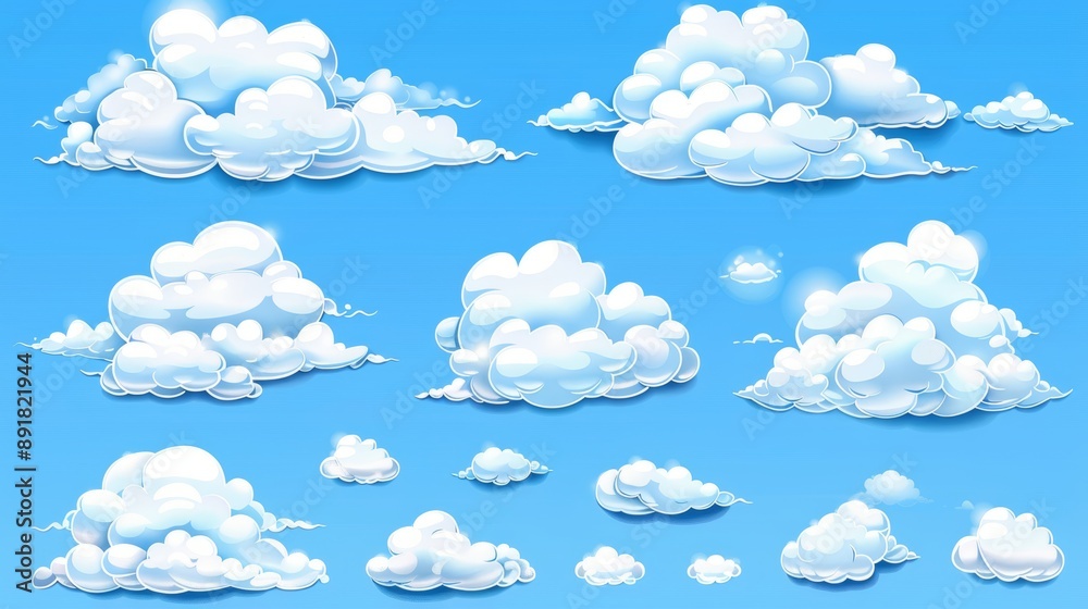 Fluffy white cartoon clouds in bubble shape in a blue sky, summer rounded cumulus icons. Weather forecast symbols. Outdoor nature, spring weather cloudscape. Fluffy white cartoon clouds in bubble shape in a blue sky, summer rounded cumulus icons. Weather forecast symbols. Outdoor nature, spring weather cloudscape.