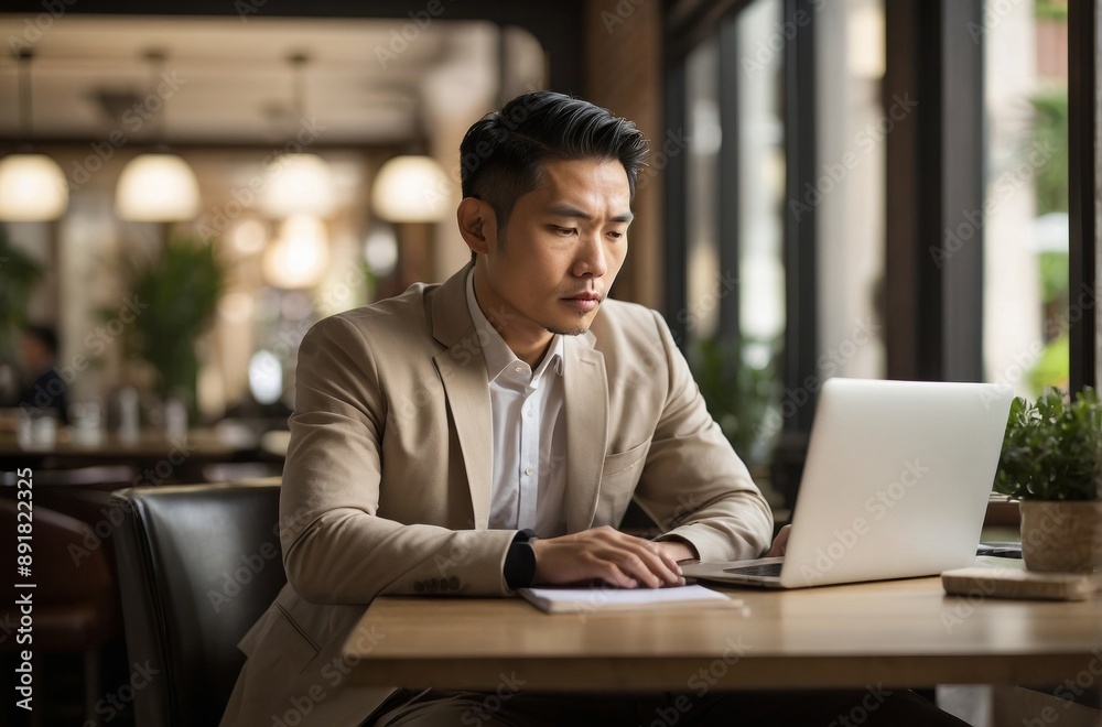 Focused Asian businessman sits at table working on laptop in cafe Focused Asian businessman sits at table working on laptop in cafe