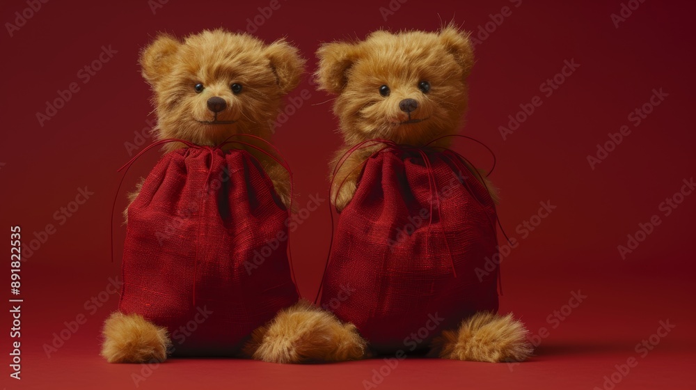 Valentine s day two teddy bears in red gift bags, isolated on background, perfect for teddy day Valentine s day two teddy bears in red gift bags, isolated on background, perfect for teddy day
