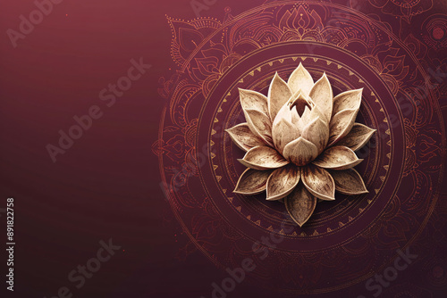 Intricate gold lotus flower against a maroon background with mandala patternsIntricate gold lotus flower against a maroon background with mandala patterns photo