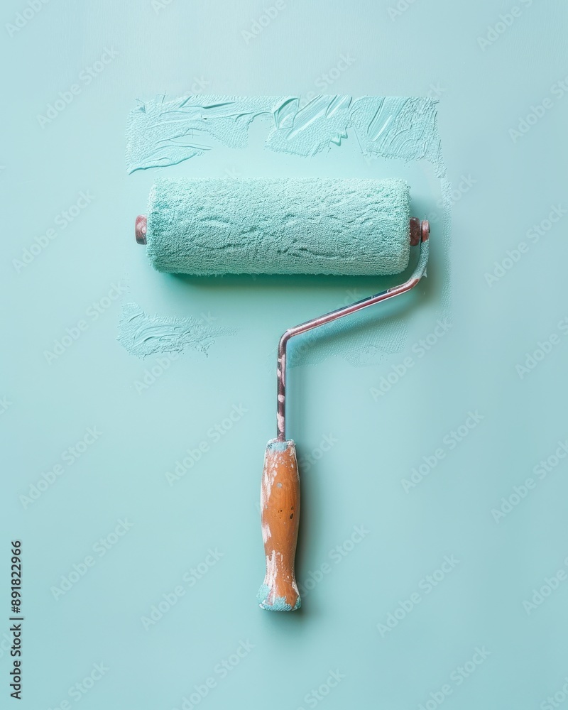 Obraz premium Blue Paint Roller Freshly Painted Wall