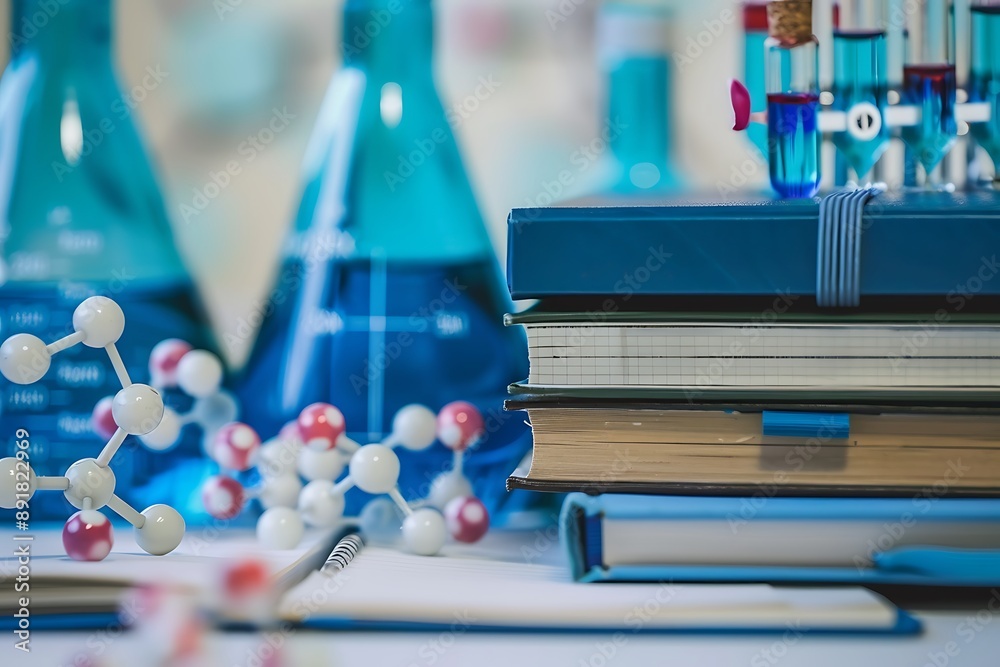 A stack of chemistry textbooks and laboratory experiment notebooks, exploring chemical reactions and molecular structures.