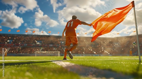 A football player kicking the corner flag in frustration.