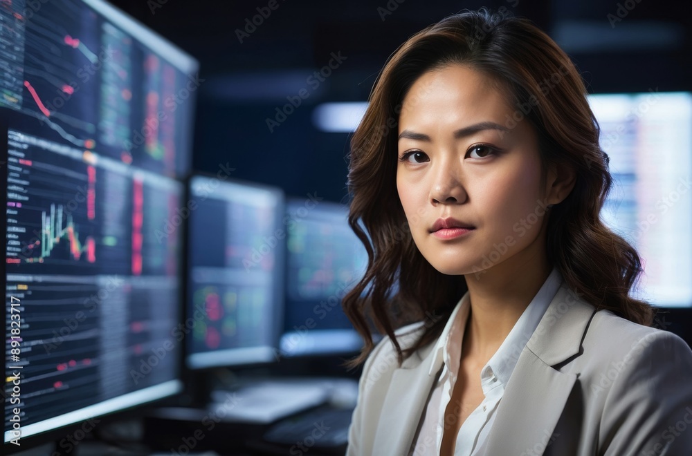 Young Asian woman with dark hair and serious expression while sitting in front of computer screens Young Asian woman with dark hair and serious expression while sitting in front of computer screens