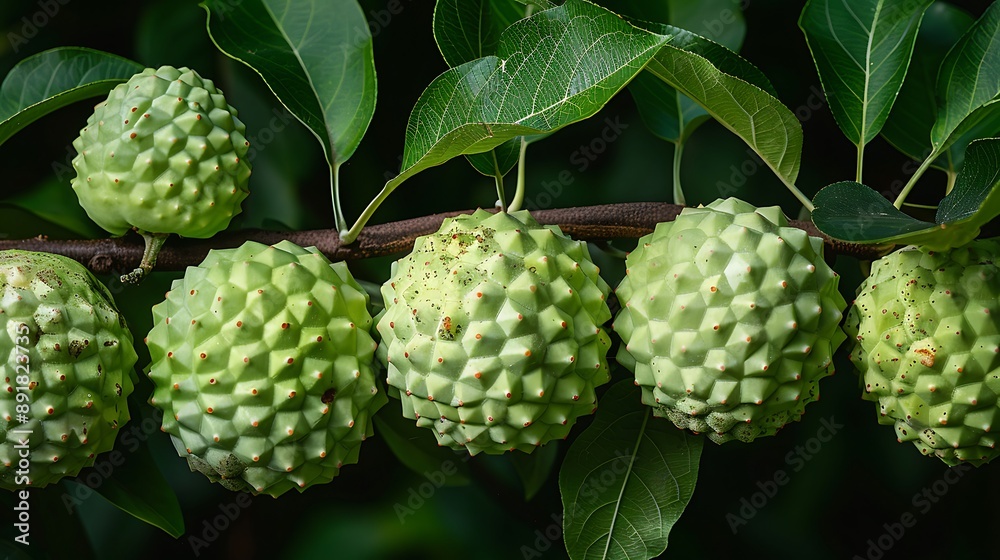a group of round green fruit on a branch. a group of round green fruit on a branch.