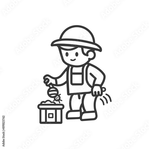 little boy beekeeper in action minimalist line art icon logo symbol