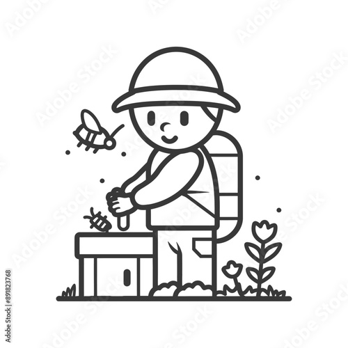 little boy beekeeper in action minimalist line art icon logo symbol