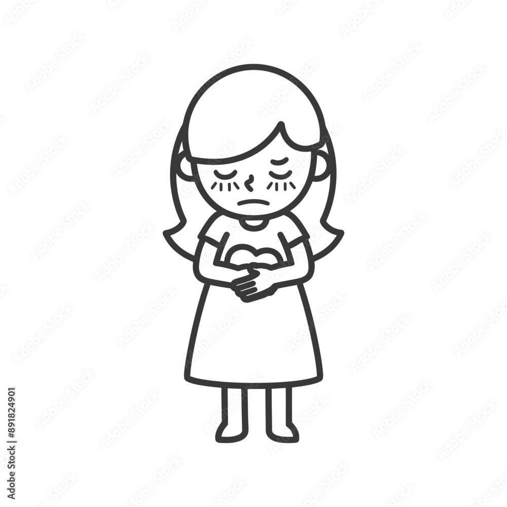 little girl holding stomach in pain minimalist line art icon logo symbol little girl holding stomach in pain minimalist line art icon logo symbol