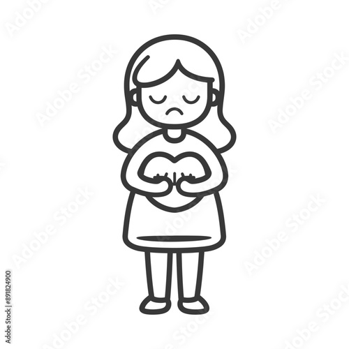 little girl holding stomach in pain minimalist line art icon logo symbol