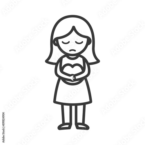 little girl holding stomach in pain minimalist line art icon logo symbol