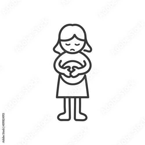 little girl holding stomach in pain minimalist line art icon logo symbol
