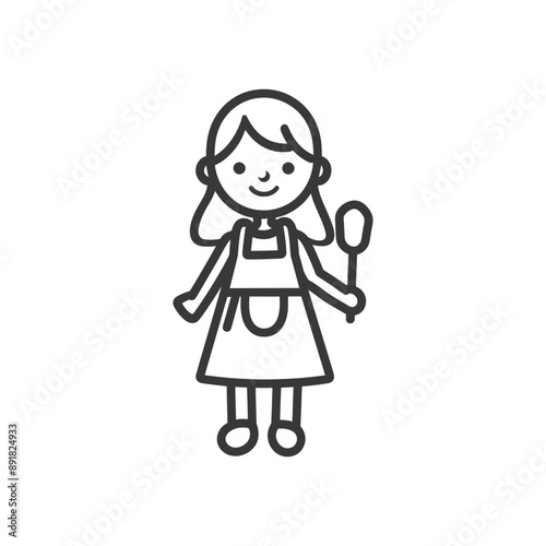 little girl in apron with kitchen utensil minimalist line art icon logo symbol