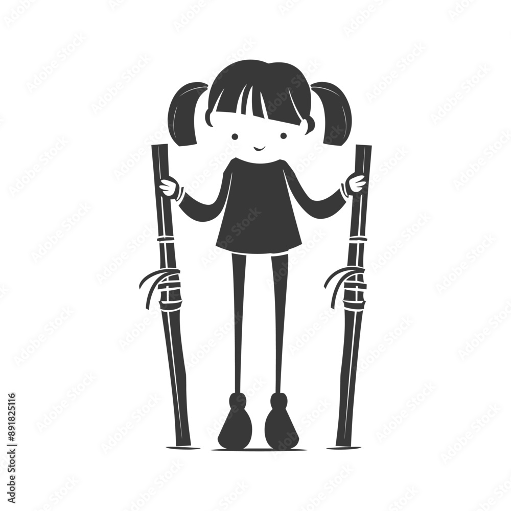 little girl playing traditional bamboo game minimalist line art icon logo symbol