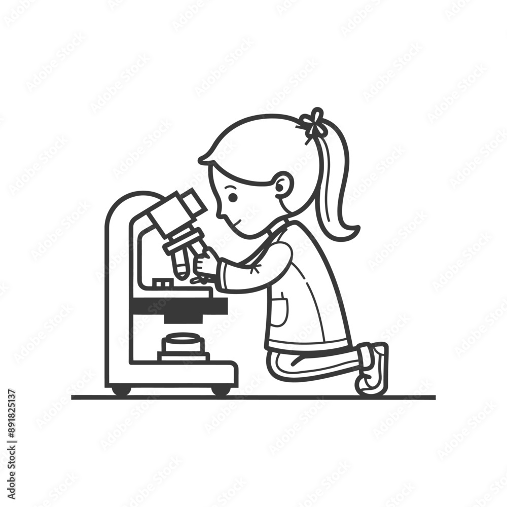 little girl scientists looking through microscope minimalist line art icon logo symbol little girl scientists looking through microscope minimalist line art icon logo symbol