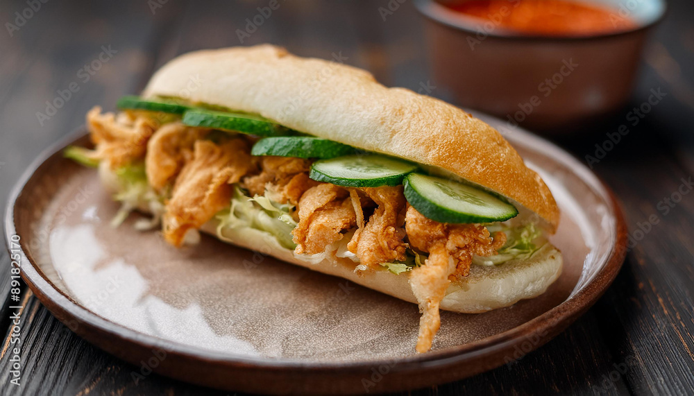 Banh Mi sandwich with shredded chicken, cucumber and chili sauce. Vietnamese cuisine. Tasty food. Banh Mi sandwich with shredded chicken, cucumber and chili sauce. Vietnamese cuisine. Tasty food.