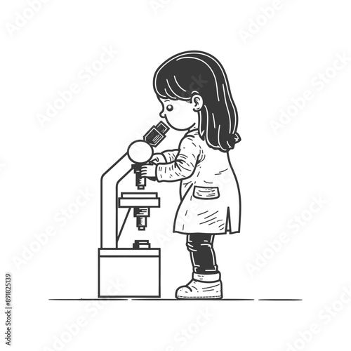 little girl scientists looking through microscope minimalist line art icon logo symbol