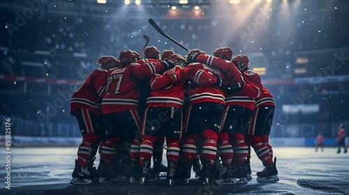 A hockey team huddled together celebrating a victory, arms around each other.