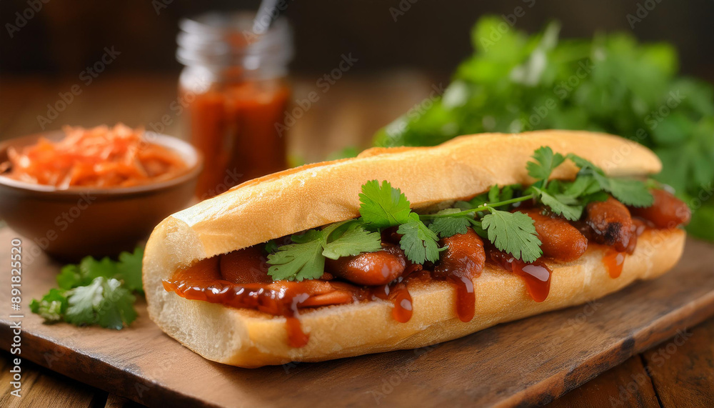 Banh Mi sandwich with spicy sausage, cilantro, hoisin sauce. Vietnamese cuisine. Tasty food. Banh Mi sandwich with spicy sausage, cilantro, hoisin sauce. Vietnamese cuisine. Tasty food.