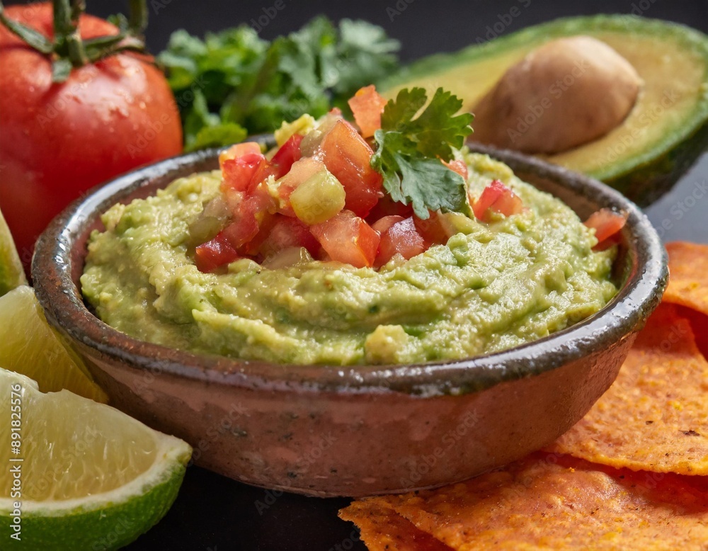 A delicious authentic mexican guacamole dip with avacado, lime, tomato, cilantro, and jalapeno pepper. A delicious authentic mexican guacamole dip with avacado, lime, tomato, cilantro, and jalapeno pepper.