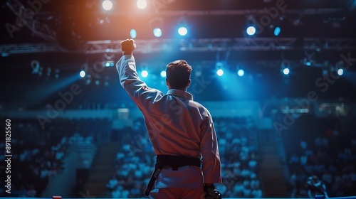 A jiu-jitsu competitor standing victorious after a match, raising their hand in triumph.