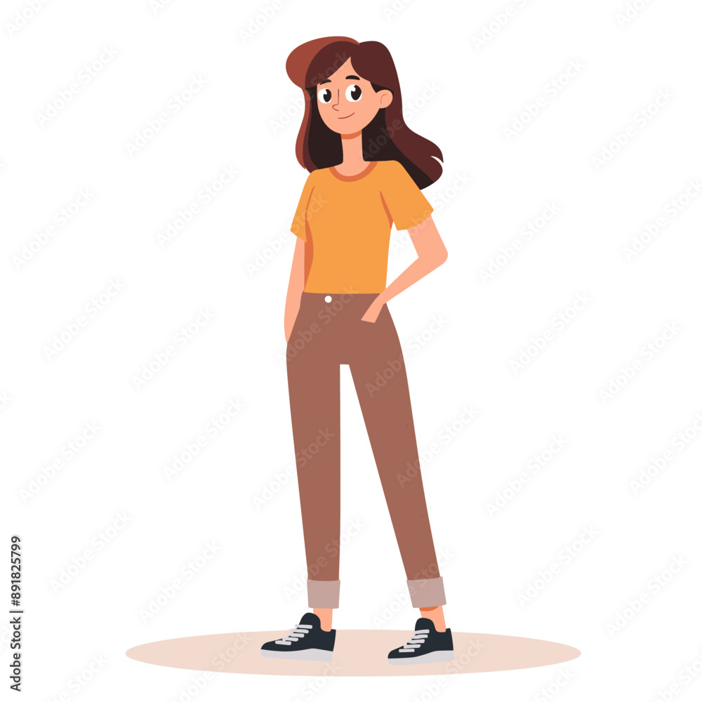 A woman in a yellow shirt and brown pants is standing in front of a white background. She has a smile on her face and she is happy A woman in a yellow shirt and brown pants is standing in front of a white background. She has a smile on her face and she is happy