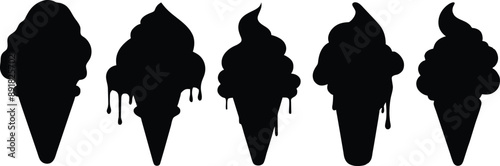 Ice cream icon, black silhouette on white. One ice ball in waffle cone, segmented shape in stencil style. Vector element for minimalist summer design and print, street food illustration or logo.