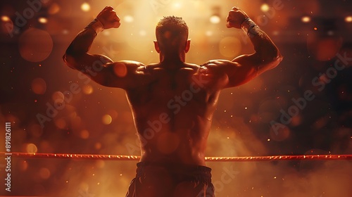 A kickboxer celebrating a hard-fought victory, their arms raised in triumph. photo