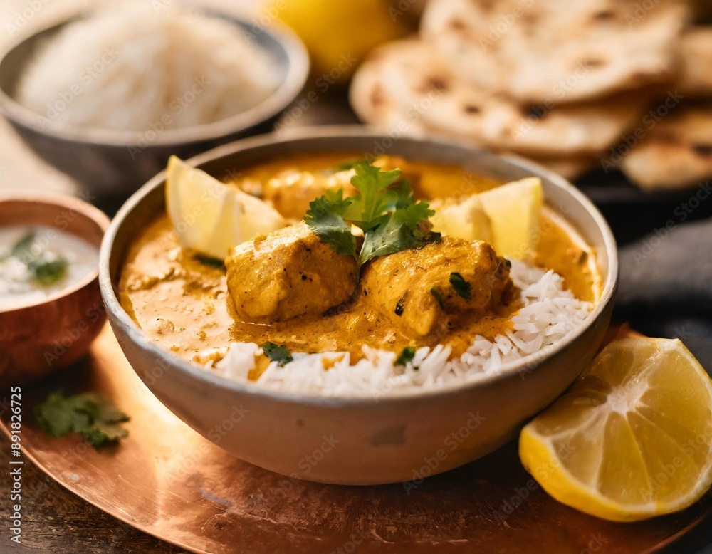 A delicious bowl of creamy chicken tikka masala with rice, lemons, and naan bread. A delicious bowl of creamy chicken tikka masala with rice, lemons, and naan bread.