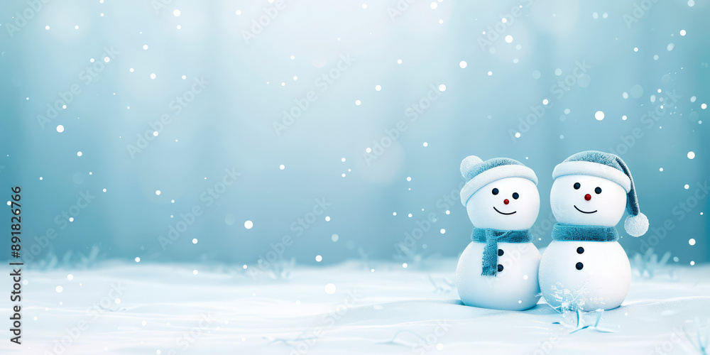 Two cute snowmen in winter attire standing in a snowy landscape. Concept for winter holidays and seasonal greetings. Suitable for holiday cards, winter promotions, and festive advertising.