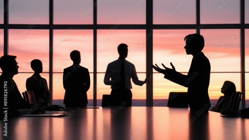 Business Professionals Silhouetted Against Sunset During Meeting Business Professionals Silhouetted Against Sunset During Meeting