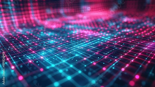 Digital abstract background, neon pink and blue cyber grid, showcasing futuristic 3D design.