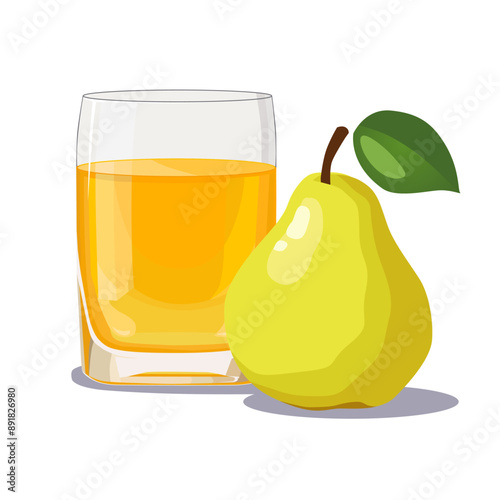 Full glass of yellow freshly and healthy squeezed pear juice isolated on white background. Vector illustration in flat style with dietary drink. Summer clipart for card, banner, flyer, poster design
