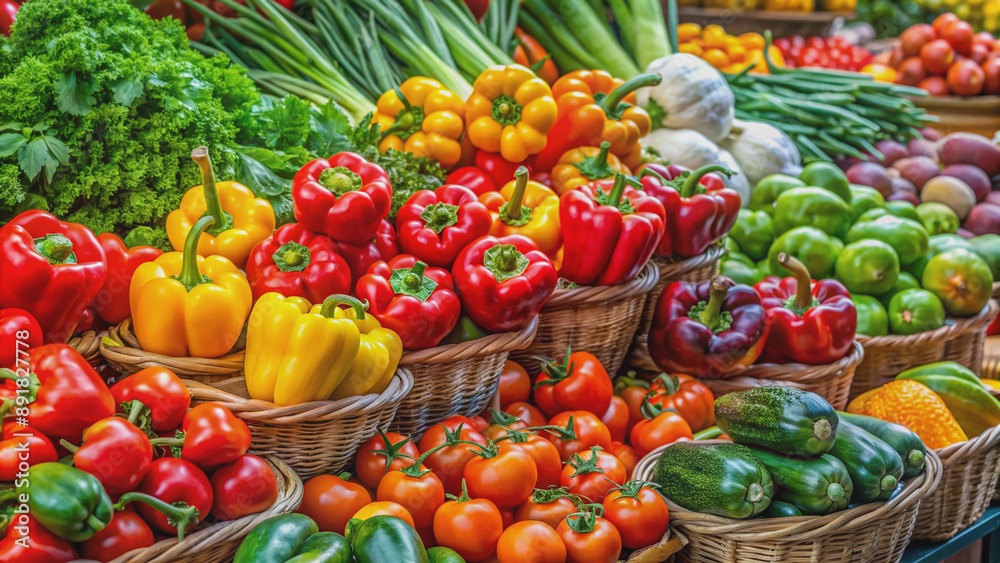 Vibrant medley of fresh colorful vegetables - ripe tomatoes, crisp bell peppers, and leafy greens - artfully arranged at a bustling outdoor market stall. Vibrant medley of fresh colorful vegetables - ripe tomatoes, crisp bell peppers, and leafy greens - artfully arranged at a bustling outdoor market stall.