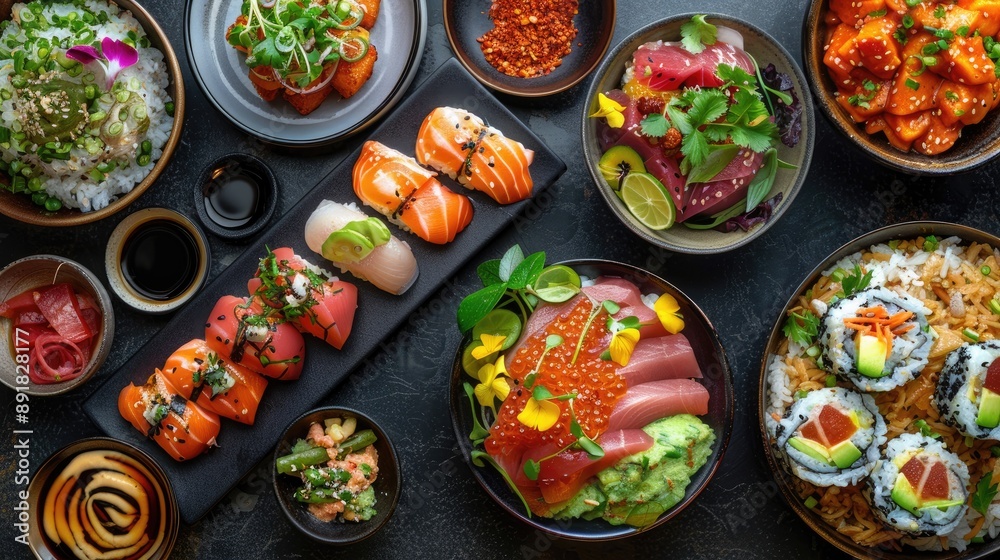Fresh Sushi Rolls with Vibrant Toppings Fresh Sushi Rolls with Vibrant Toppings