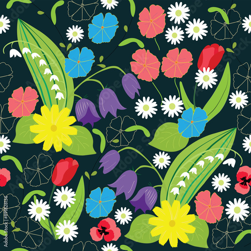 Seamless floral pattern with beautiful different flowers