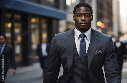 Close-up of confident man in suit walking through city