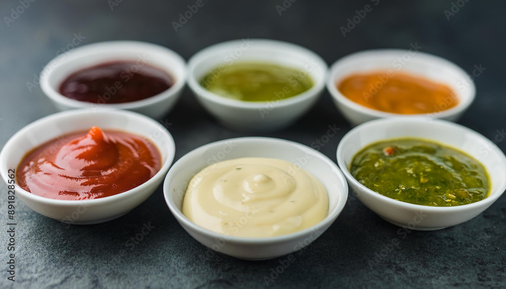Flavorful sauces in white porcelain bowls on dark stone background. Homemade sauces for food. Flavorful sauces in white porcelain bowls on dark stone background. Homemade sauces for food.