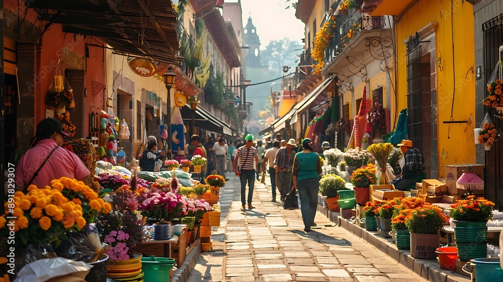 A bustling street market with vendors selling flowers and crafts A bustling street market with vendors selling flowers and crafts