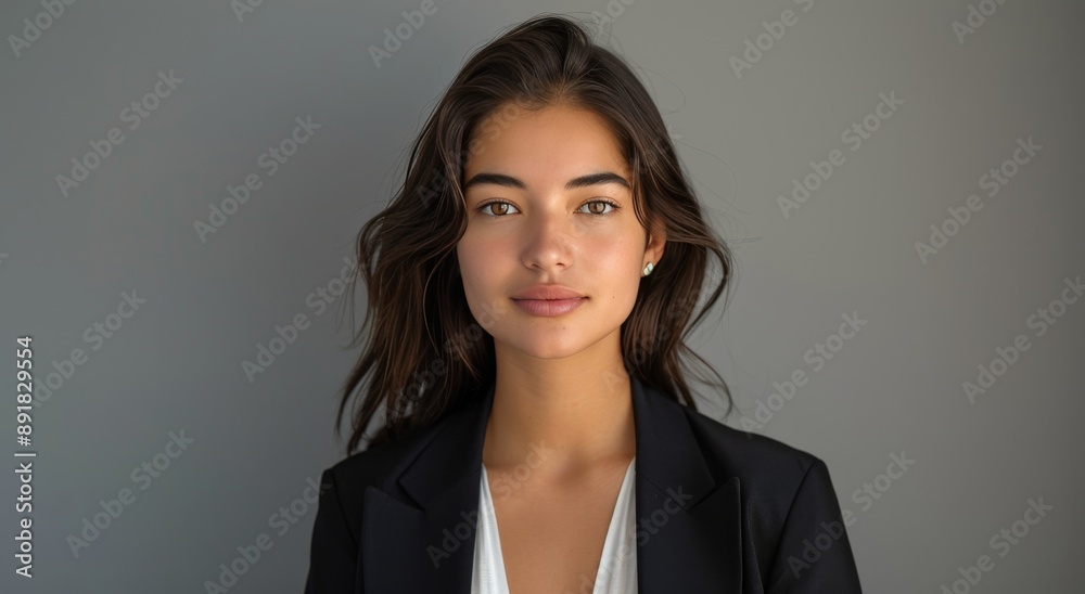 Young Woman Wearing Black Blazer and Necklace Against a Gray Wall Young Woman Wearing Black Blazer and Necklace Against a Gray Wall