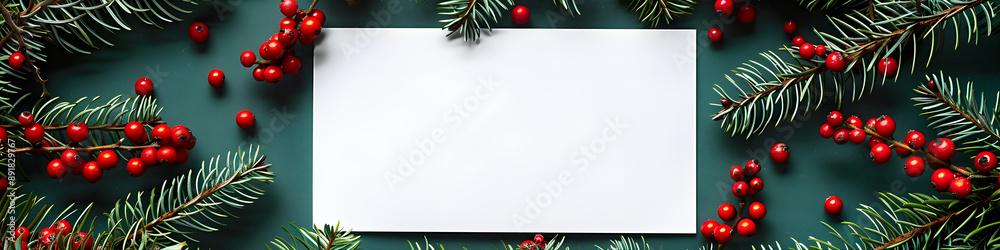 Obraz premium A festive Christmas and New Year empty paper blank surrounded by fir branches, red berries and pinecones. Merry Christmas text mock up. Colorful decorations around white paper. Flat lay. 