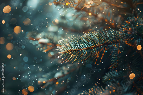 Fir branches close-up and blurred background and round bokeh. Elegant illustration for New Year and Christmas. Design for Christmas and New Year cards.