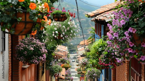 Fototapeta Naklejka Na Ścianę i Meble -  A picturesque street in Medellín adorned with hanging flower baskets