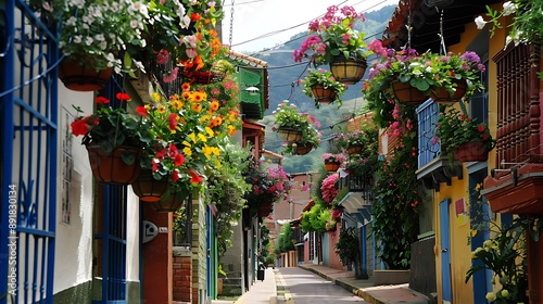 Fototapeta Naklejka Na Ścianę i Meble -  A picturesque street in Medellín adorned with hanging flower baskets