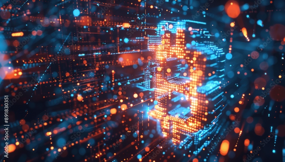 Fototapeta premium A futuristic digital background with the Bitcoin symbol glowing in neon blue and orange.